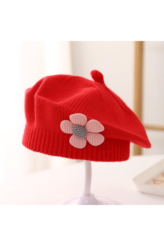 Little Girls Beret Hat Winter Warm Beanie Cap Toddler French Style Knit Hat Baby Cute Flower Berets Red 3Months-4Years