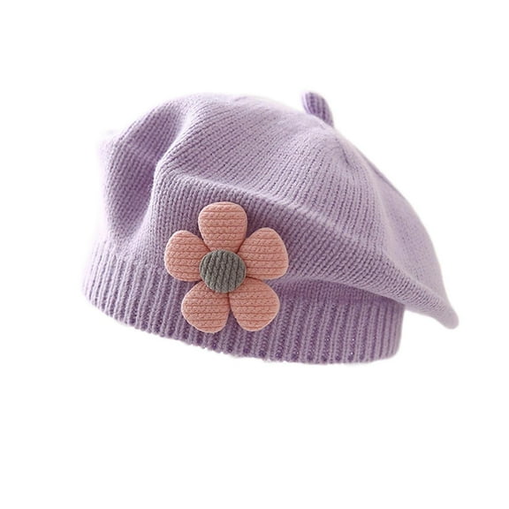 Little Girls Beret Hat Winter Warm Floral Berets French Toddler Baby Knit Cute Beanie Cap Purple, 3-48 Months