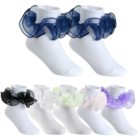 Little Girls Big Ruffle Socks Cute Double Lace Frilly Dress Socks 6 Pairs (M)