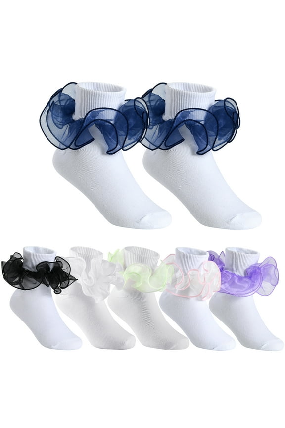 Little Girls Big Ruffle Socks Cute Double Lace Frilly Dress Socks 6 Pairs (XS)