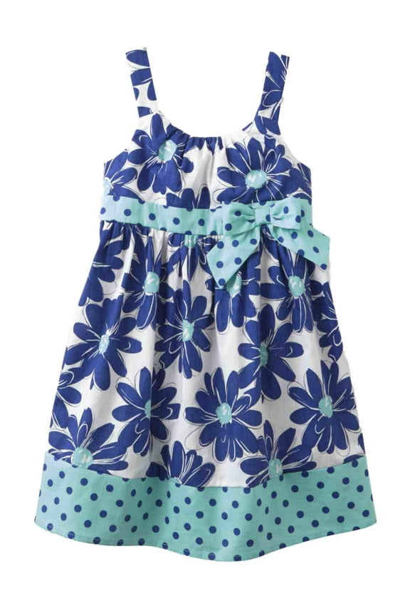 Little Girls Blue Floral Polka Dot Sun Dress Cotton Sundress