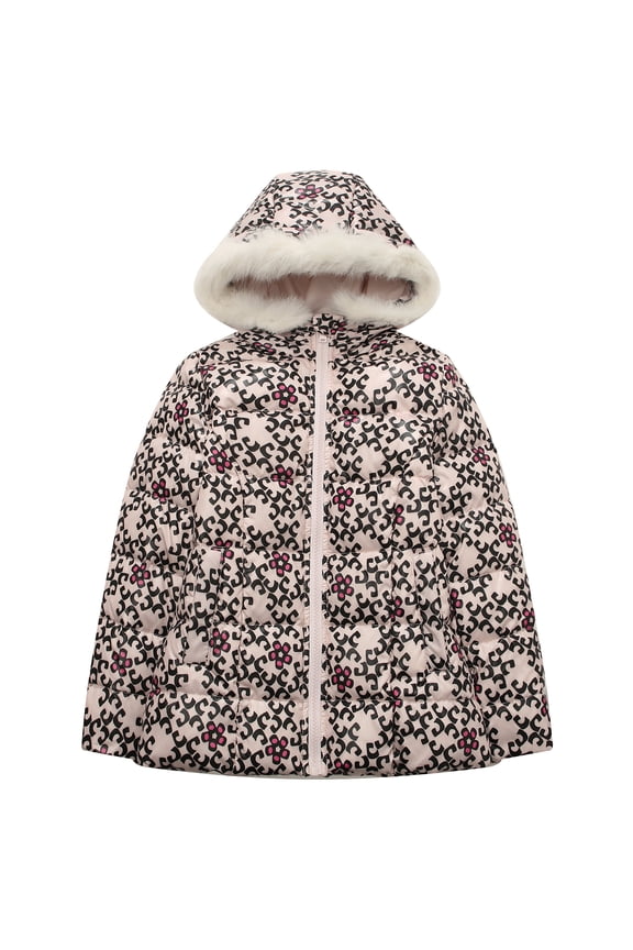 Little Girls Blue Pink Print Fake Faux Fur Hood Padding Jacket 4/5