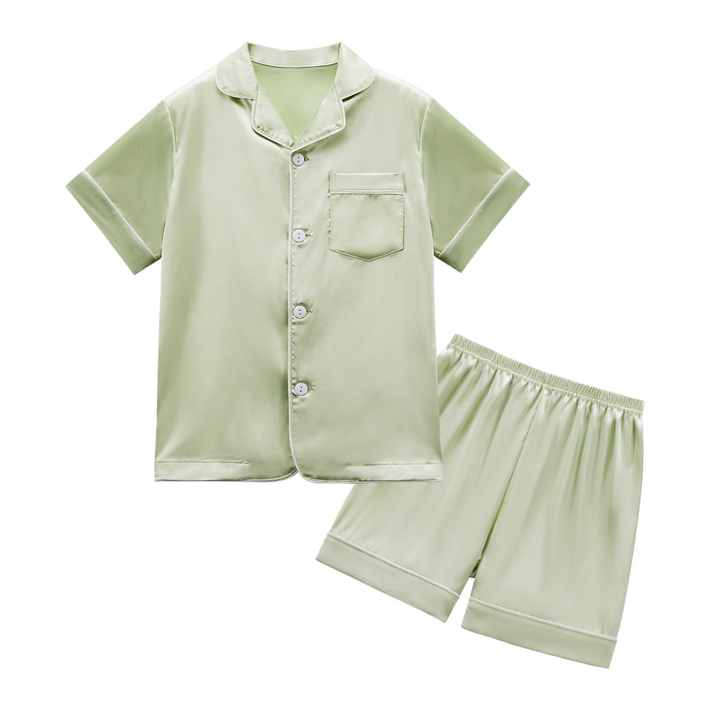 Little Girls Boys Button Down Pajama Sets Kids Satin Silk Short Sleeve ...