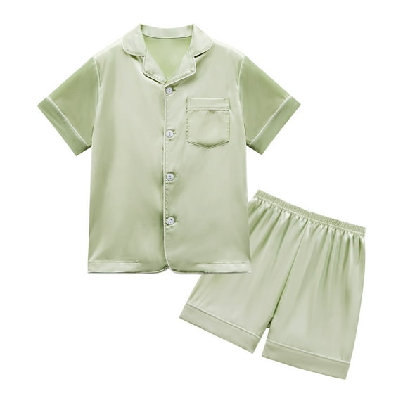 Little Girls Boys Button Down Pajama Sets Kids Satin Silk Short Sleeve Sleepwear 4-14Y