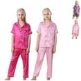 thumbnail image 1 of Little Girls Boys Button Down Pajama Sets Kids Satin Silk Short Sleeve Sleepwear 4-14Y, 1 of 8