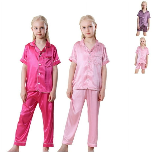Little Girls Boys Button Down Pajama Sets Kids Satin Silk Short Sleeve Sleepwear 4-14Y