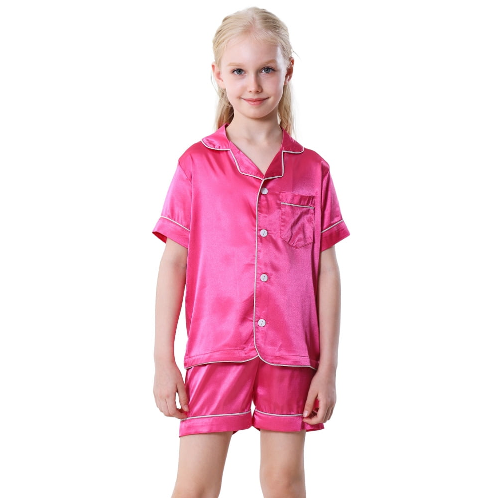 Little Girls Boys Button Down Pajama Sets Kids Satin Silk Short Sleeve ...