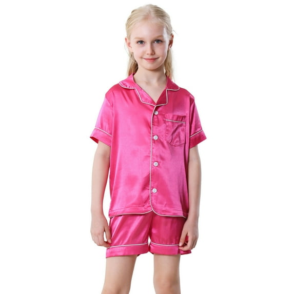Little Girls Boys Button Down Pajama Sets Kids Satin Silk Short Sleeve Sleepwear 4-14Y