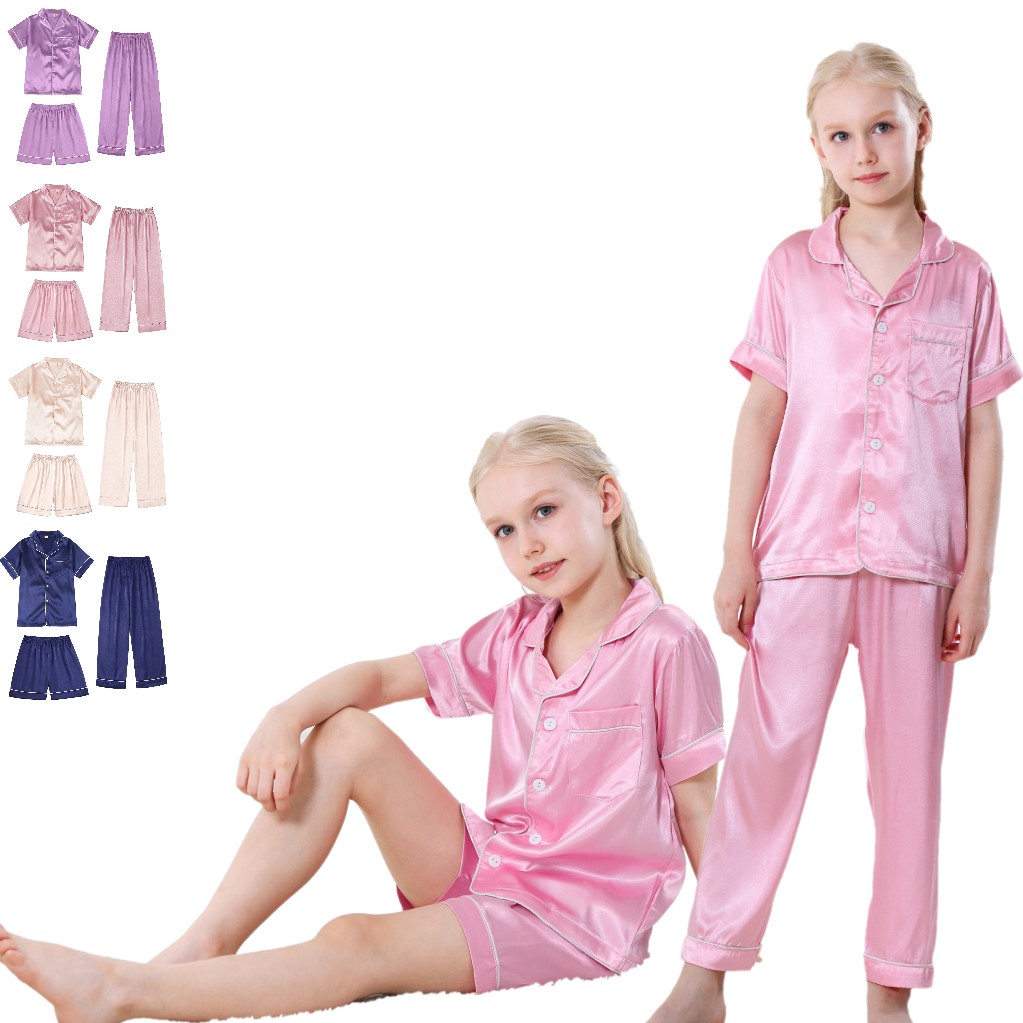 Kids Satin Pajamas Sets Girls Boys ButtonDown Pjs Short Sleeve Silk