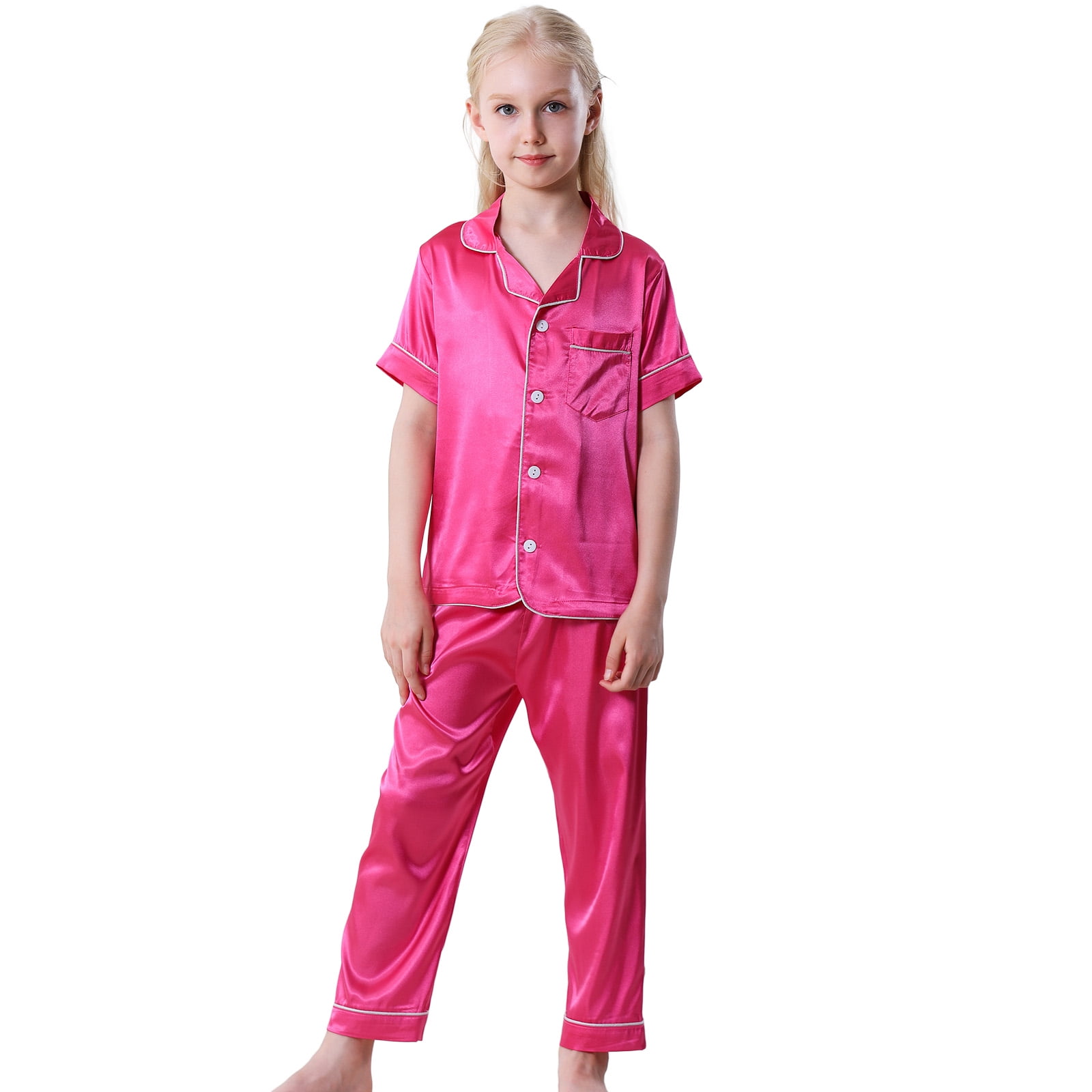 Little Girls Boys Button Down Pajama Sets Kids Satin Silk Short Sleeve