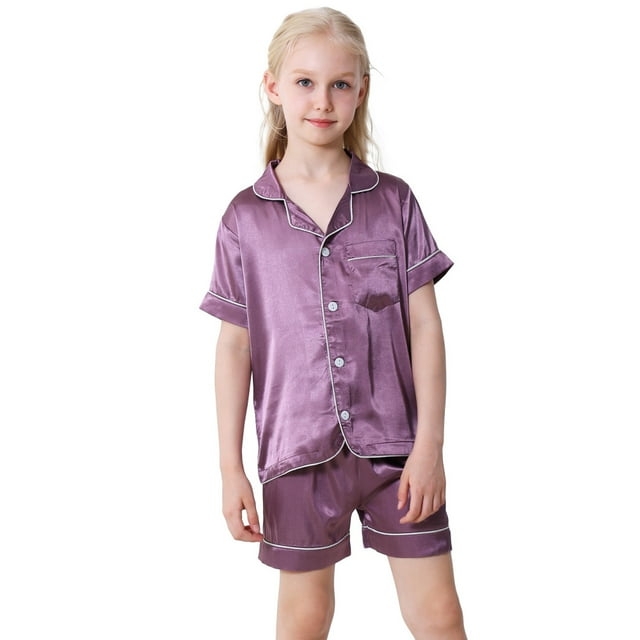Little Girls Boys Button Down Pajama Sets Kids Satin Silk Short Sleeve Sleepwear 414Y