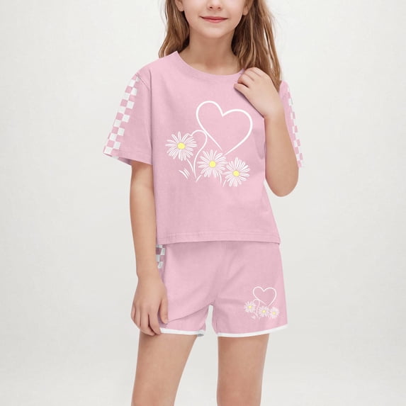 Little Girls Boys Graphic Tracksuit Sets 2 Piece Outfits Letter Print Vacation Tee Top and Drawstring Waist Shorts Pink 13-14 Years