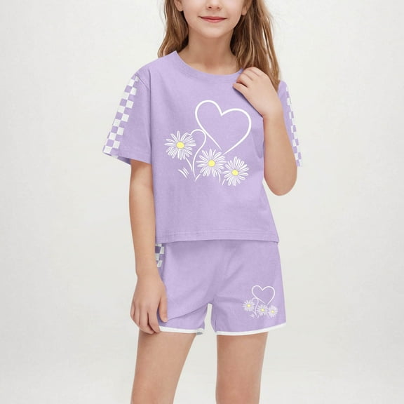 Little Girls Boys Graphic Tracksuit Sets 2 Piece Outfits Letter Print Vacation Tee Top and Drawstring Waist Shorts Purple 13-14 Years