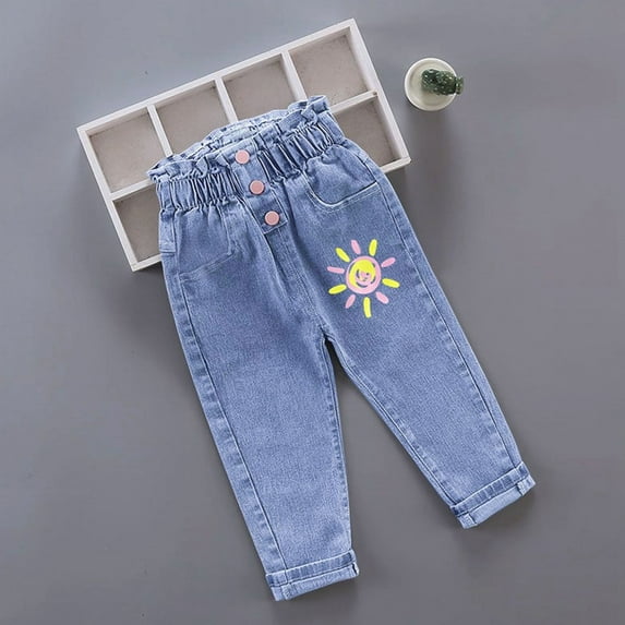Little Girls Boys Jeans Baby Little Kids Jeans,Elastic Band Inside Straight Fit Ripped Denim Pants Blue B 5-6 Years