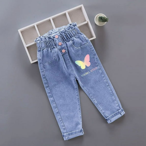 Little Girls Boys Jeans Baby Little Kids Jeans,Elastic Band Inside Straight Fit Ripped Denim Pants Blue C 5-6 Years