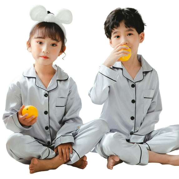 2 Pack Twins Silk Satin Pajamas Set Solid Color Long Sleeve Button-Down Sleepwear for 3-14T