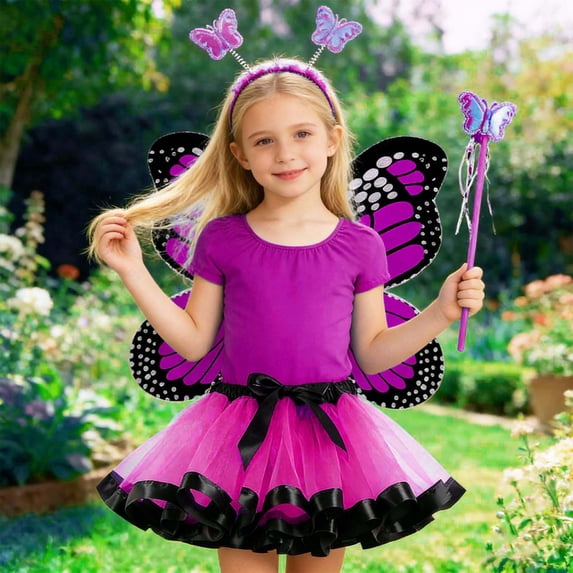 Little Girls Butterfly Role Play Dress Girls Costume With Headband Skirt For Stage Performance Dress Up Party