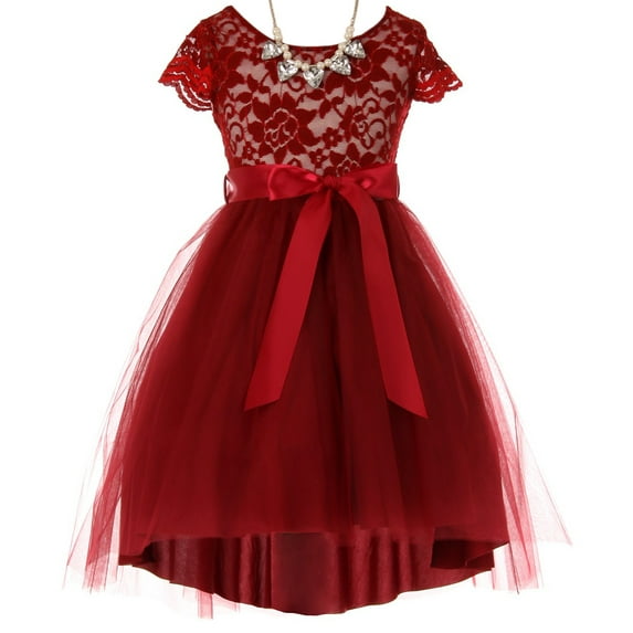Little Girls Cap Sleeve Floral Lace Tulle Party Birthday Party Holiday Flower Girl Dress Burgundy 4 (2J1K6S7)