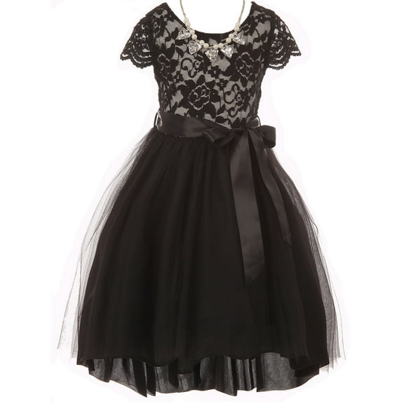 Little Girls Cap Sleeve Floral Lace Tulle Party Wedding Bridesmaid Flower Girl Dress Black 4 (2J1K6S7)
