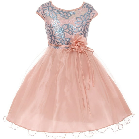 Little Girls Cap Sleeve Flower Shaped Sequin Top Tulle Special Occasion Flower Girl Dress Blush 4 (J21KS16)