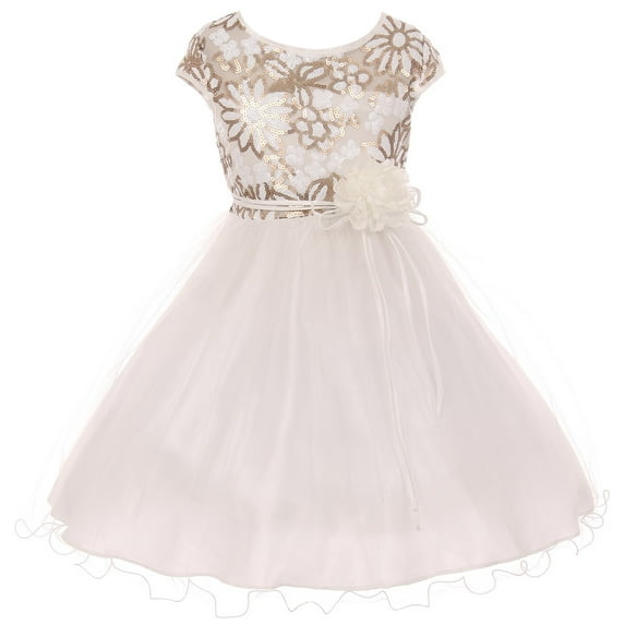 Little Girls Cap Sleeve Flower Shaped Sequin Top Tulle Special Occasion Flower Girl Dress Off White 4 (J21KS16)