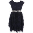 thumbnail image 1 of Little Girls Cap Sleeve Girls Dress Floral Lace Rhinestones Waistband Flower Girl Dress Navy 4 (J20KS95), 1 of 2