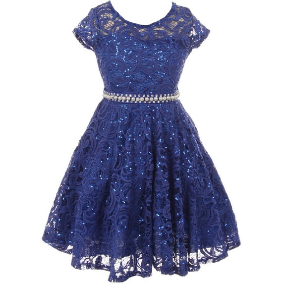 Little Girls Cap Sleeve Glitter Lace Pearl Holiday Junior Bridesmaid Flower Girl Dress USA Royal 6 (2J1K0S2)