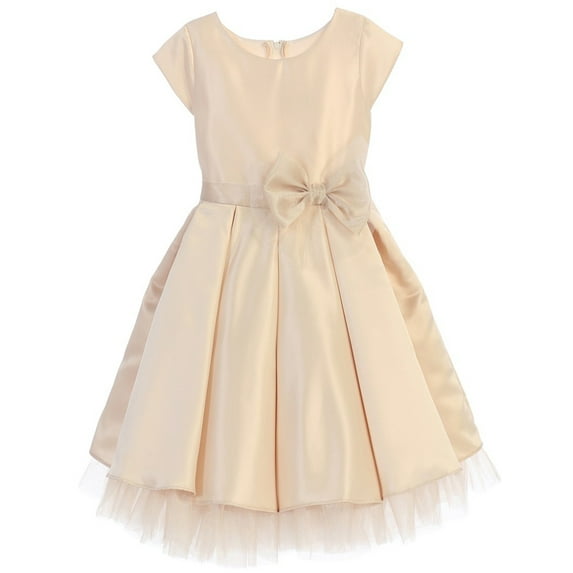 Little Girls Cap Sleeve Pleated Mesh Layer Christmas Party Flower Girl Dress Champagne 2 (S71K1)
