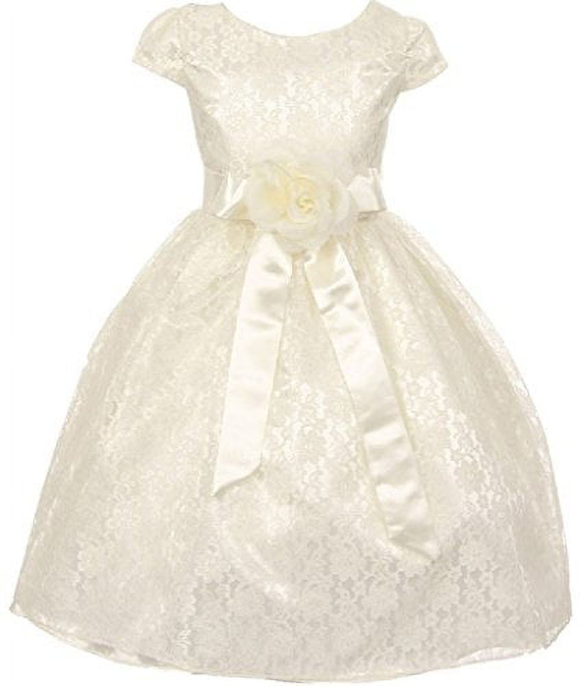Little Girls Cap Sleeve Satin Sash Floral Lace Overlay Flower Girl