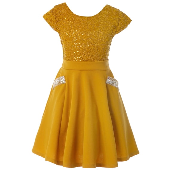 Little Girls Cap Sleeve Sequin Graduation Bridesmaid Flower Girl Dress Mustard 4 (2J1KS97)