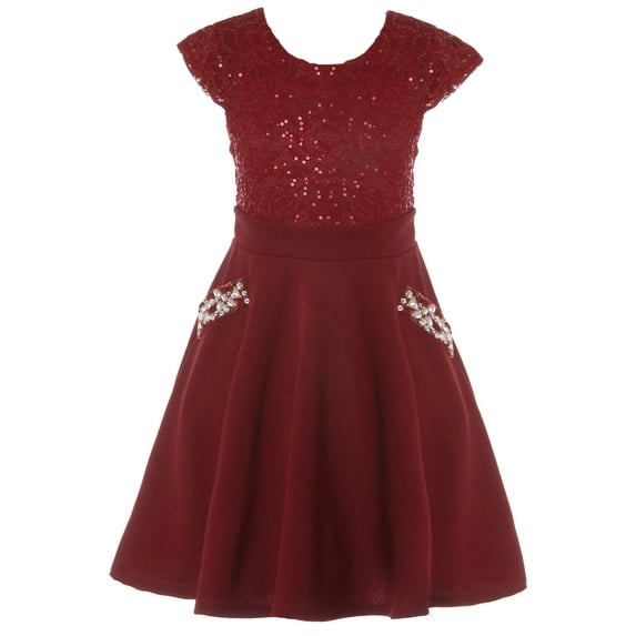 Little Girls Cap Sleeve Sequin Lace Christmas Easter Wedding Flower Girl Dress Burgundy 6 (J21KS97)