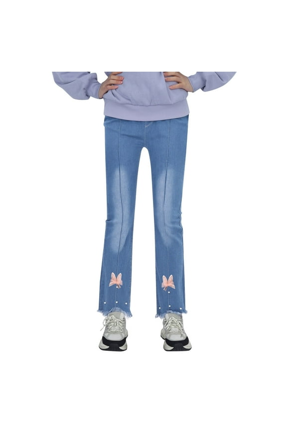 Little Girls Casual Jeans Elastic Waist Denim Flared Pants Trousers for Kids Size 5-6T