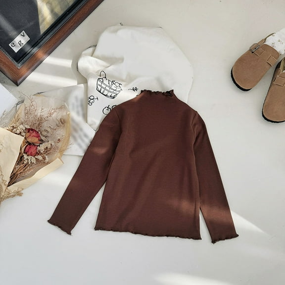 Little Girls Casual Tops Long Sleeve Turtleneck T-Shirt 3-8 Solid Layering Ruffled Tees (Coffee 5-6 Years)