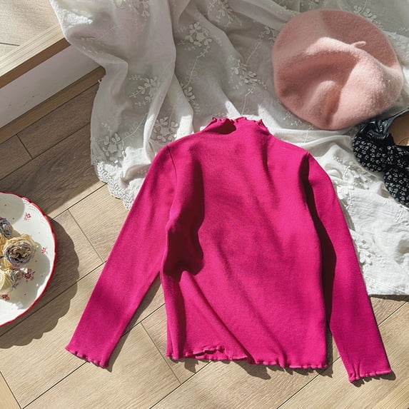 Little Girls Casual Tops Long Sleeve Turtleneck T-Shirt 3-8 Solid Layering Ruffled Tees (Hot Pink 7-8 Years)
