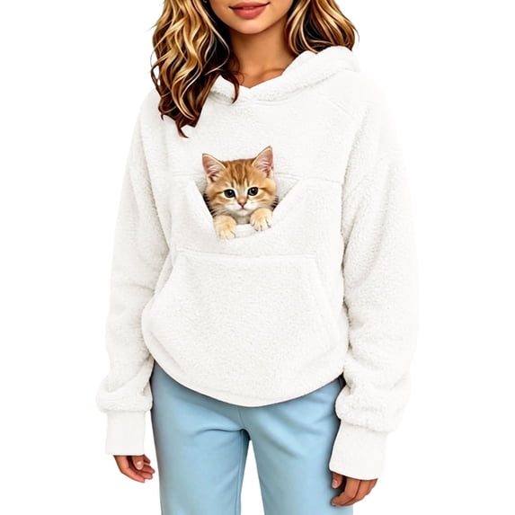 Little Girls Cat Pouch Hoodie Zipper Pet Care Dog Kangaroo Pocket Hooded Sweatshirts Fuzzy Animal Carrier Holder Pullover Tops for Kids White 5-6 Years
