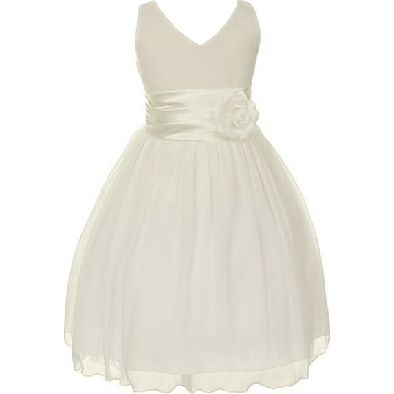 Little Girls Chiffon V Neck Back to School Party Birthday Flower Girl Dress Ivory Size 6 (M10B82K)