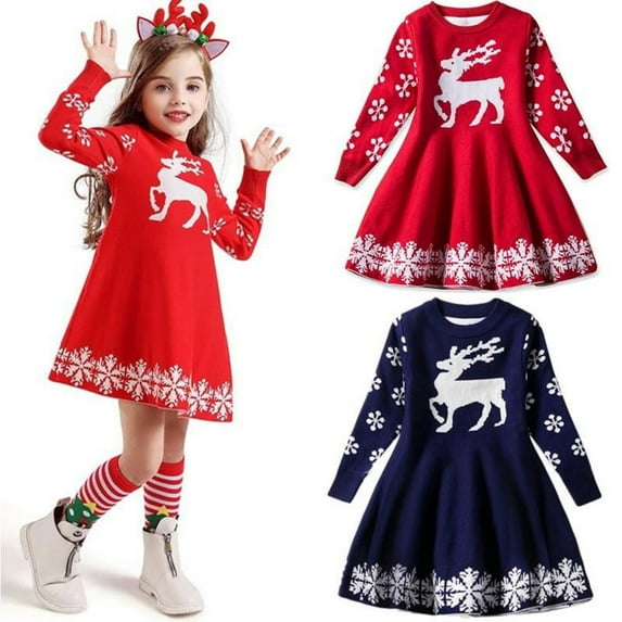 Little Girls Christmas Dress Reindeer Snowflake Xmas Gifts Winter Knit Sweater Dresses