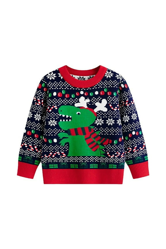 Little Girls Christmas Sweater Dinosaur Print Crewneck Pullover Tops Size 6-7T