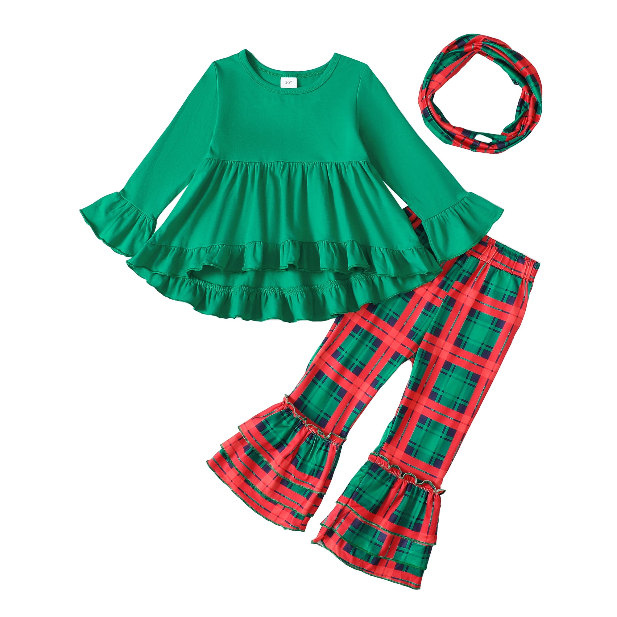 Little Girls Clothes 6T Girls Christmas Outfits 7T Girls Long Sleeve Solid Color Top Plaid Pants Set Girls 3PCS Clothing Set Green