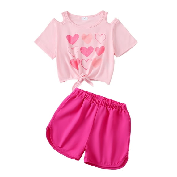 Little Girls Clothes 6T Girls Outfits 6T Girls Short Sleeve Heart Print Top Shorts 2PCS Summer Clothing Set Pink
