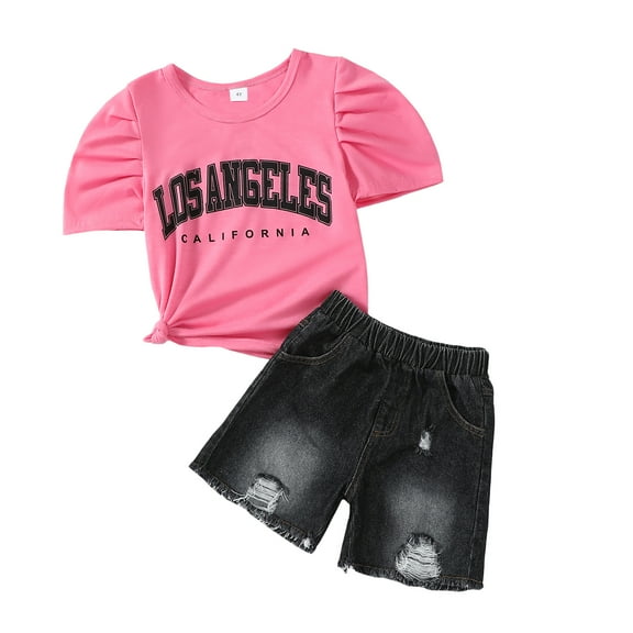 Little Girls Clothes 7T Girls Outfits 7T Girls Short Sleeve Letter Print Top Denim Shorts 2PCS Summer Clothing Set Pink