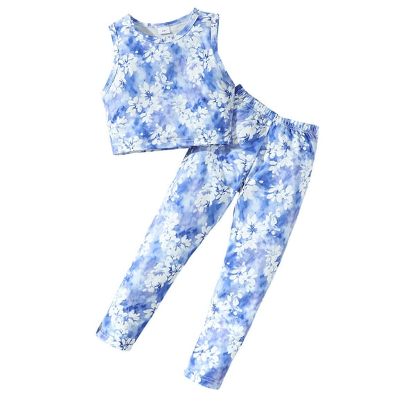 Little Girls Clothes 7T Girls Outfits 7T Girls Sleeveless Floral Top Pants 2PCS Clothing Set Blue