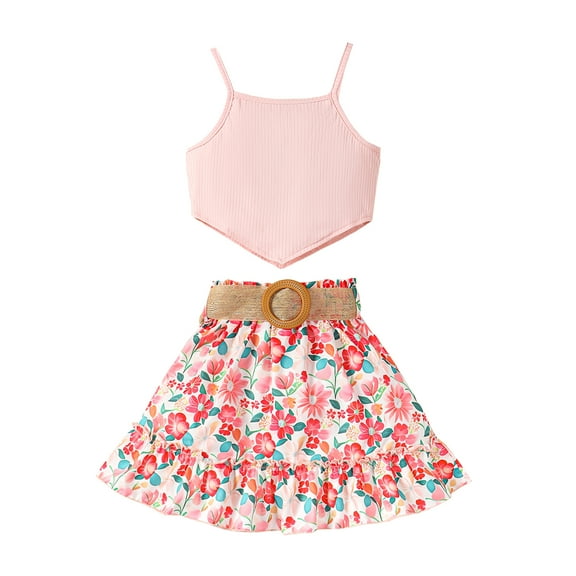 Little Girls Clothes 7T Girls Outfits 7T Girls Sleeveless Suspender Top Floral Skirt 2PCS Summer Clothing Set Pink