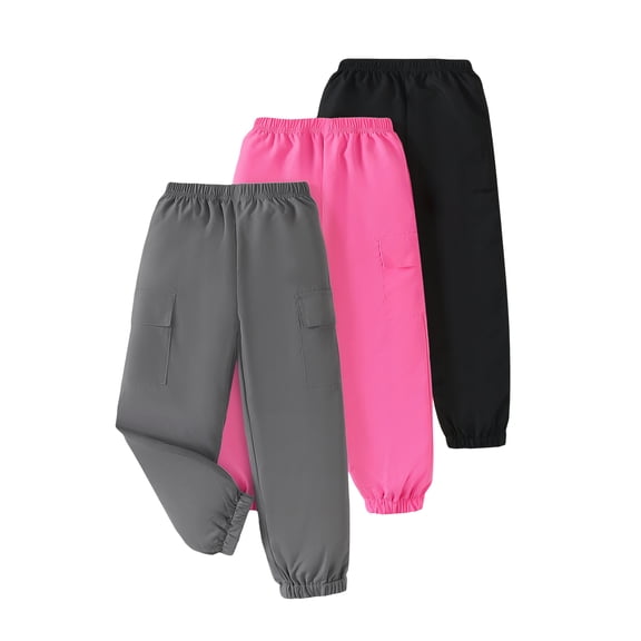 Little Girls Clothes Girls Pants Kids 3-Pack Joggers Girls Cargo Casual Elastic Waist Pants for Girls 4T 5T Size 6 7 8 Black Pink Gray