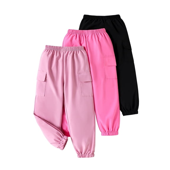 Little Girls Clothes Girls Pants Kids 3-Pack Joggers Girls Cargo Casual Elastic Waist Pants for Girls 4T 5T Size 6 7 8 Black Pink