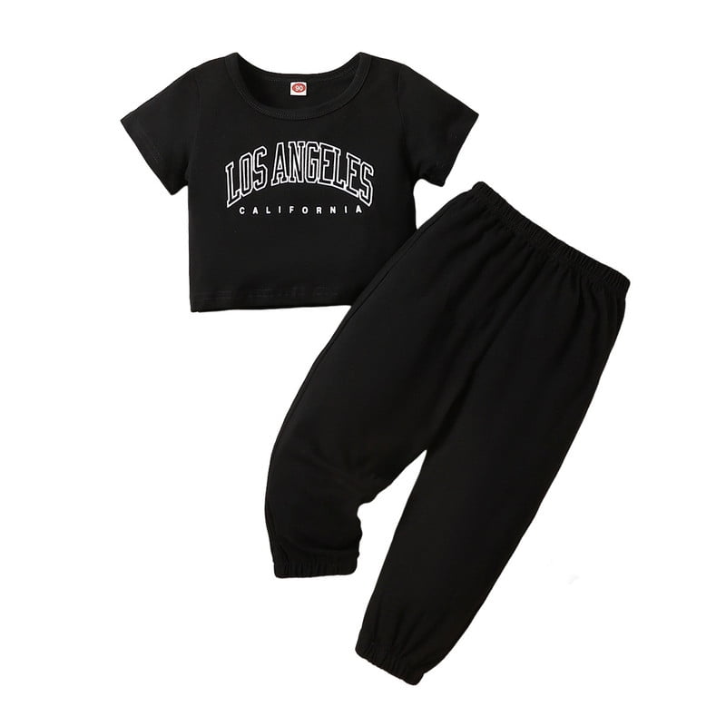 Little Girls Clothes "LOS ANGELES" Letter Printed Short Sleeve Round Neck Top + Pants 2PCS Set Big Kid Outfits