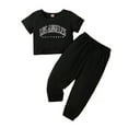 thumbnail image 1 of Little Girls Clothes "LOS ANGELES" Letter Printed Short Sleeve Round Neck Top + Pants 2PCS Set Big Kid Outfits, 1 of 5