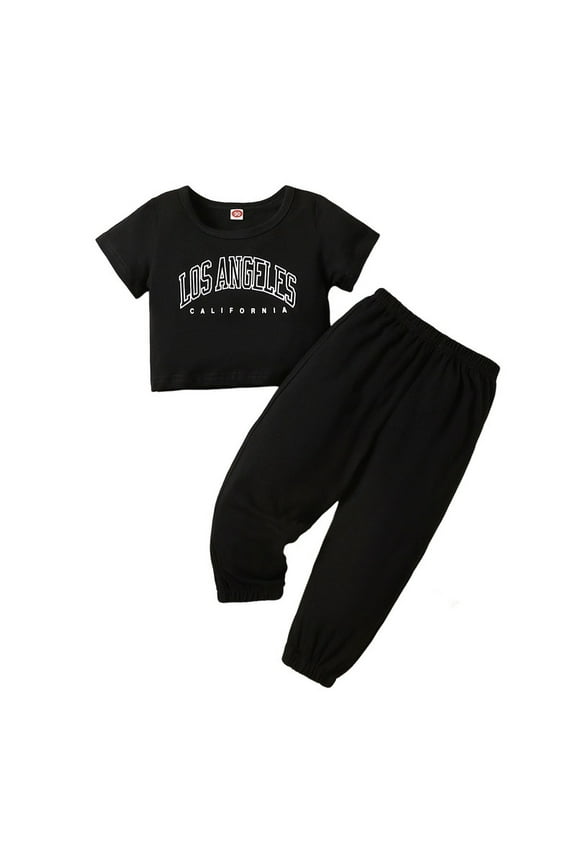 Little Girls Clothes "LOS ANGELES" Letter Printed Short Sleeve Round Neck Top + Pants 2PCS Set Big Kid Outfits