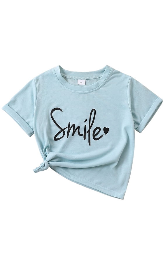 Little Girls Clothes Letter Pattern Printed Solid Color Round Neck T-shirt Spring Summer Big Kids Clothes