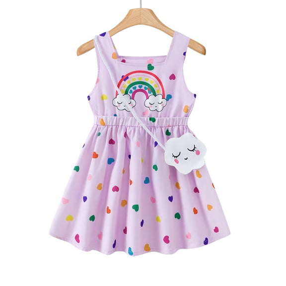 Little Girls Clothes Little Girls Polka Dots Dress 6Y Girls Summer Dress 7Y Girls Sundress Sleeveless Dress with Cute Bag Purple